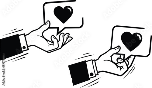Hands holding speech bubbles with a heart symbol inside symbolizing love and positive feedback appreciation positive illustration