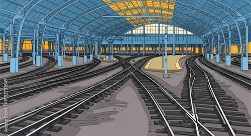 Train station tracks and platforms under a large glass roof.