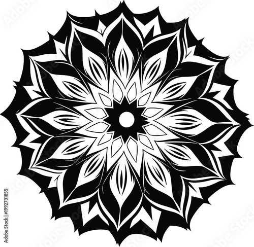 Black and white abstract mandala flower vector illustration with floral petals and decorative circular pattern design