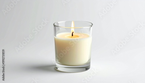 A lit candle in a clear glass on a soft background, evoking a sense of tranquility. The candle flame dances, casting a warm glow and creating a cozy atmosphere