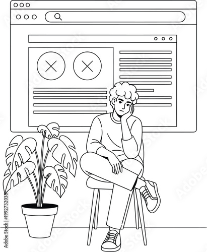 Person sitting and looking thoughtfully at a computer screen displaying a website with crossed-out elements thoughtful contemplative computer