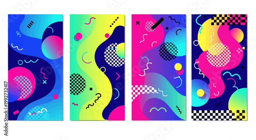 Vibrant memphis style backgrounds with geometric shapes and patterns in blue pink yellow and purple hues for design