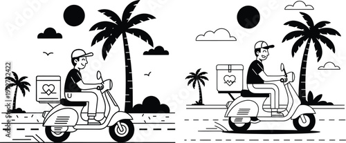 Delivery person on a scooter with a package in tropical palm tree setting delivery tropical transport illustration logistics commerce vacation