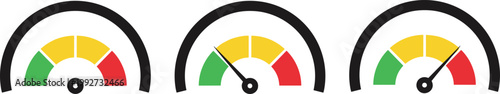 Cartoon vector illustration of gauge meters showing performance risk and satisfaction indicators with colorful design variation