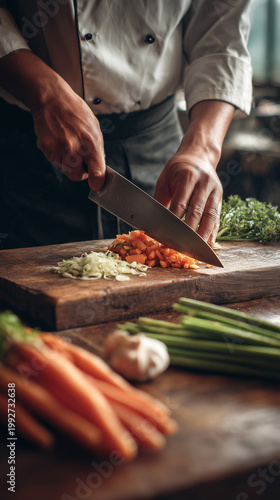 A professional chef slices red onions and cucumbers on a wooden board surrounded by fresh greens and colorful vegetables in a well-lit kitchen setting. Healthy cooking.