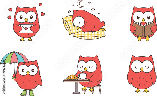 Cartoon vector illustration of red owls showing diverse daily activities including love sleep reading eating and lifestyle design