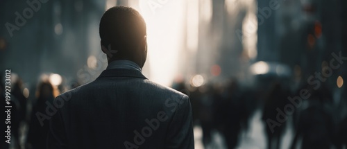 Silhouetted figure immersed in urban life illuminated by sunlight depicting the hustle and bustle of a vibrant city scene filled with diverse people. Generative AI