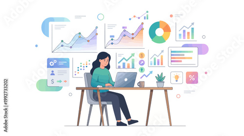 Female data analyst working on laptop with floating business graphs and financial charts