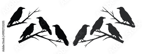 Black crow silhouettes on tree branches, dark raven bird vector set, spooky gothic nature elements for Halloween design and mystical decor