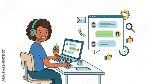 Female customer service representative with headset working on laptop answering online chat