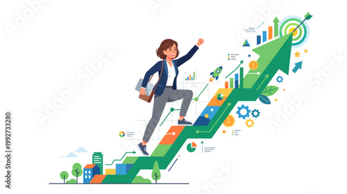 Businesswoman climbing upward arrow to achieve business goals and career success