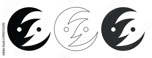 Minimalist crescent moon face icons, celestial yin yang vector set, black and white lunar character illustrations for mystical branding and logo design