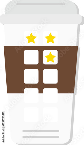 Vector illustration of a takeaway coffee cup with a loyalty stamp card concept. It features a brown sleeve with a grid of stamp boxes and yellow star stamps, symbolizing a coffee shop reward program.