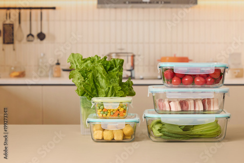 Fotografía Fresh food stored in airtight glass containers on kitchen counter