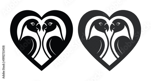 Minimalist parrot love heart logo vector, romantic bird couple silhouette icons, black and white tropical macaw parrots in heart shape for wedding branding