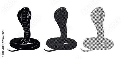 King cobra snake vector silhouettes, black and grey serpent icons set, aggressive hooded cobra reptile graphics for logo design and tattoo art