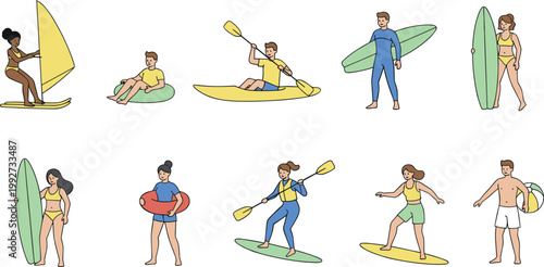 Vector illustration of people enjoying water sports and beach activities including surfing, kayaking, windsurfing, and swimming