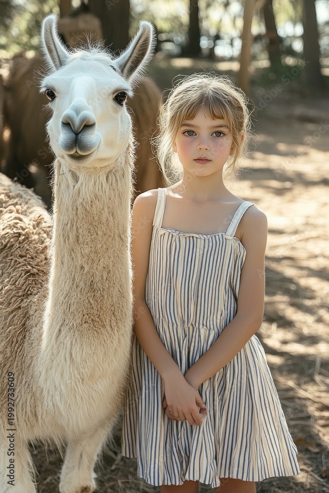 Fototapeta premium Girl in striped sundress standing beside a calm, curious llama in a sunlit wooded enclosure, gentle companionship and quiet summer mood