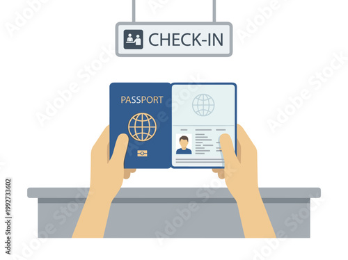 Hands presenting passport at check-in desk with sign