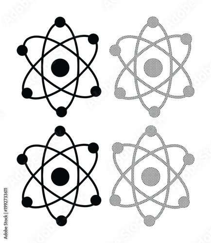 Minimalist atom symbol vector set, scientific nuclear physics icons in black and grey, molecular structure graphics for education and research