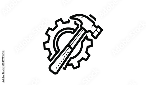 Industrial hammer and gear icon vector, black and white construction tool logo, mechanical repair and maintenance symbol for engineering services