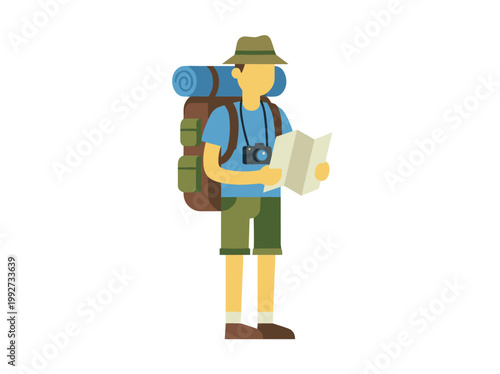 Flat design illustration of a backpacker with map and camera