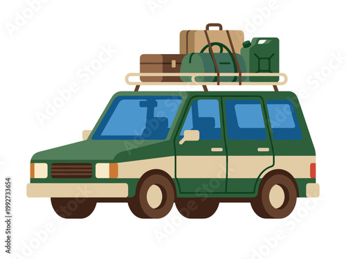 Green car with luggage on roof rack and gas can