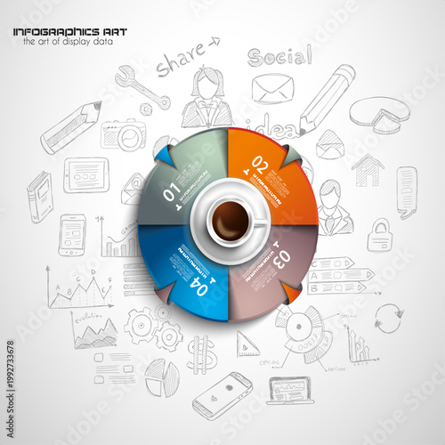 Coffee Break Brainstorming Infographic. Professional Vector Template with 4-Step Circular Process, Realistic Coffee Cup, and Creative Business Doodles.