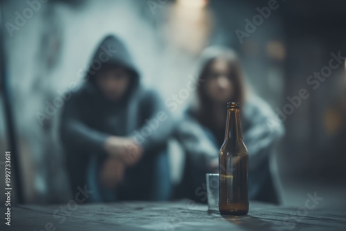 A contemplative moment captured with a focus on a beer bottle in front of two hoodie-clad individuals sitting in a moody urban setting. Generative AI