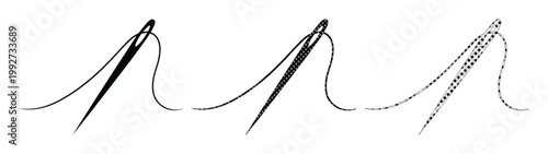 Minimalist sewing needle and thread vector icons, black hand drawn needlework illustrations, set of three tailoring needle symbols for craft logos