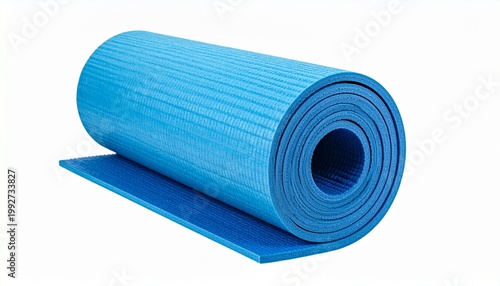 A rolled-up blue yoga mat for fitness and exercise. The mat is ready to use for various workouts