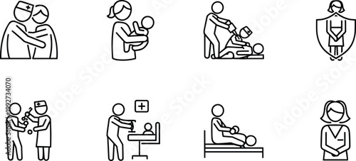 Healthcare service icons set patient care nursing medical support symbols vector illustration collection modern line design