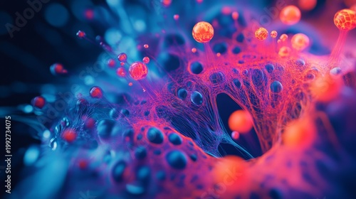 Vibrant abstract representation of microscopic cells interconnected in a colorful and dynamic manner showcasing biological interactions in stunning detail. Generative AI