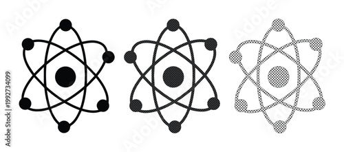 Scientific atom symbol vector set, minimalist nuclear physics icons in black and grey, atomic structure model for education and research