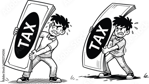 Two boys struggling to carry large tax bills with financial government obligation struggle difficulty burdened carrying illustration economic