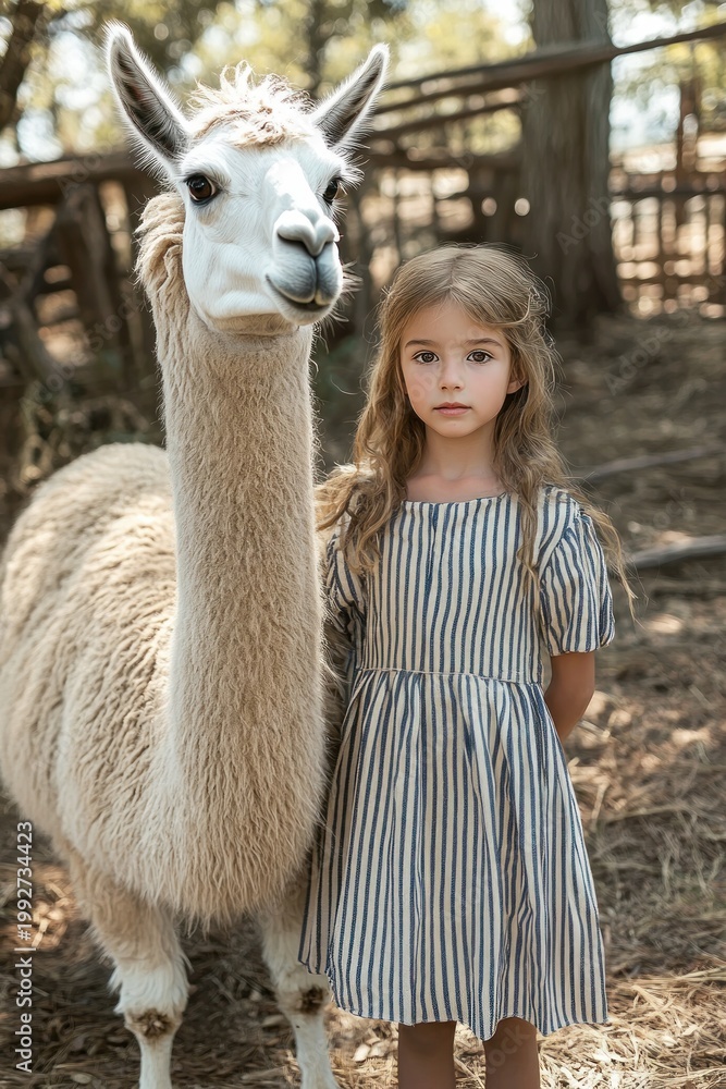 Fototapeta premium calm light-colored alpaca standing next to a young girl in a striped dress in a sunlit rustic farm setting, conveying gentle curiosity and quiet companionship