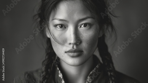 Stunning portrait of a young woman with braids showcasing strong emotions and cultural richness in a striking black and white style for artistic inspiration. Generative AI