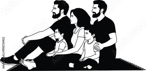 Happy family sitting together with parents and children silhouette isolated on white background representing love and bonding concept