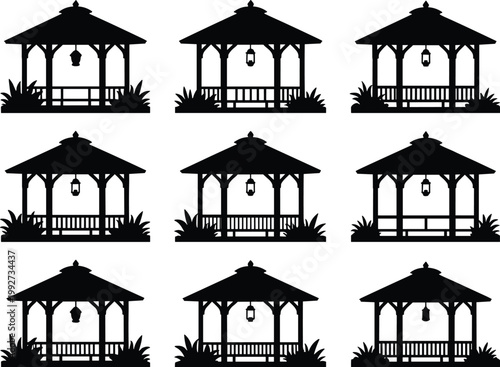 Garden gazebo silhouettes set with wooden pavilion structures, outdoor park shelters, decorative landscape architecture, black vector illustration collection, classic gazebo designs isolated