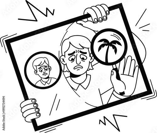 Person holding a framed picture with a magnifying glass over a palm tree and a sad face searching illustration vacation disappointment tropical