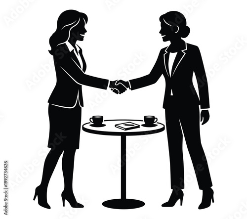 Two businesswomen shaking hands over a table Vector