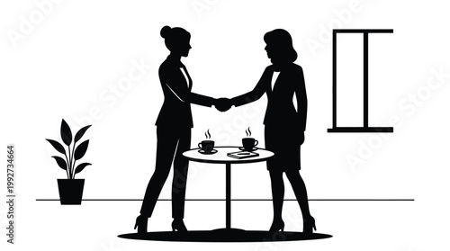 Two women in business attire shaking hands over a table with coffee Vector