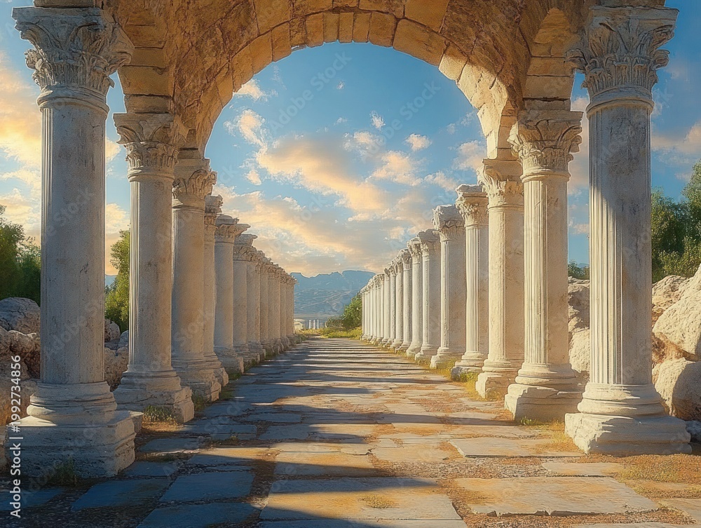 Obraz premium Sunlit ancient colonnade and arched gateway over a stone pathway flanked by rows of classical columns, blue sky and distant mountains evoking serene majestic calm