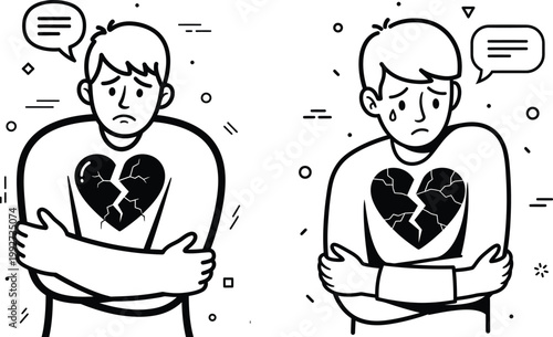 Two men with broken hearts and sad expressions symbolizing heartbreak or emotional pain broken heart unrequited love ex lover bad news emotions