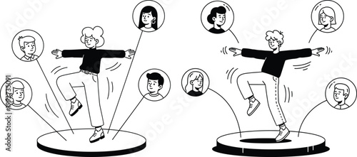 Two stylized figures on platforms with surrounding profile icons representing social network or connections people icons digital world connection