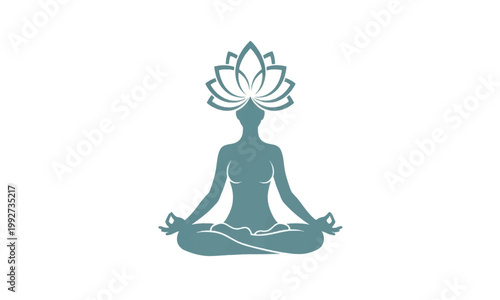 Zen yoga meditation silhouette with lotus flower, spiritual wellness and mindfulness icon, teal blue female figure in padmasana pose for spa and health branding