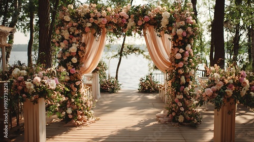 Old stone building in a Spanish town featuring palm trees in the garden near a decorated wood door and flower vases by the entrance