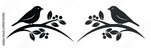 Foto Minimalist bird silhouette on tree branch with leaves and berries, elegant black