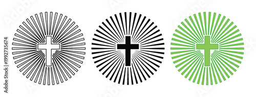 Foto Christian cross with sunburst rays vector set, religious crucifix icons in black