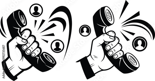 Hand holding ringing telephone receiver with icons of people incoming call line art vintage telephone old fashioned telephone communication